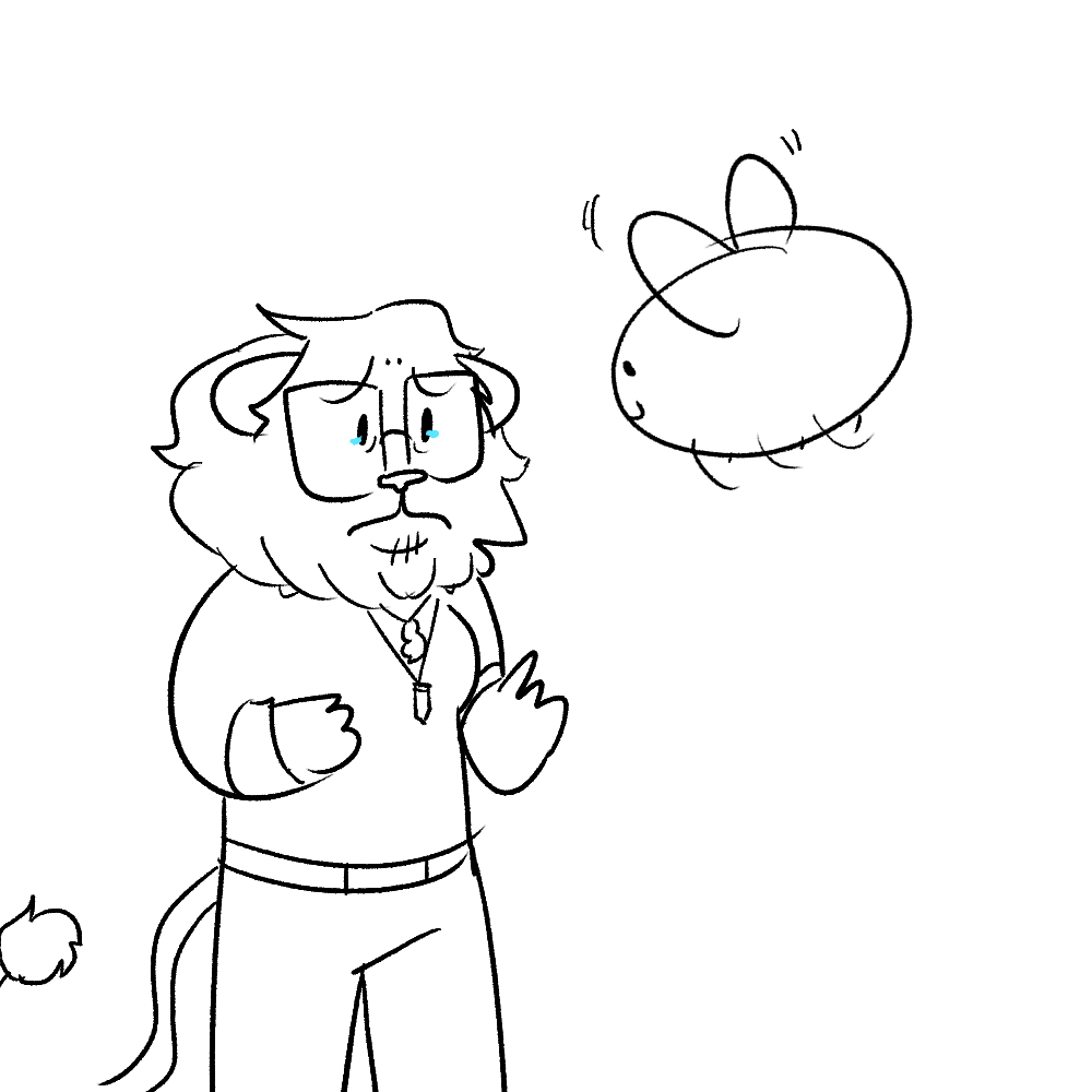 my lion fursona with tears in her eyes as eggbug flies up above her