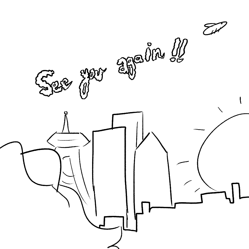 eggbug flies over a vaguely seattle-ish skyline, drawing in clouds, 'see you again!!' in a reference to nichijou