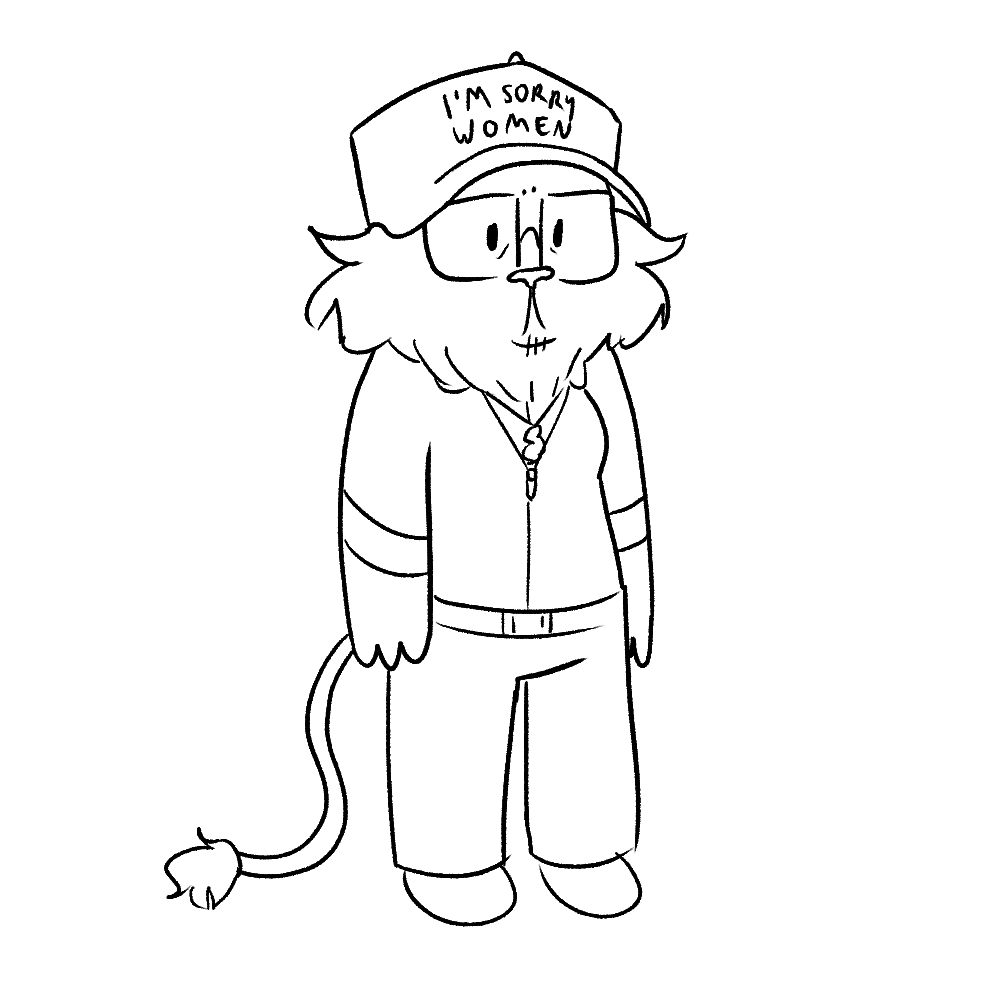 my lion fursona wearing a hat that reads 'i'm sorry women'