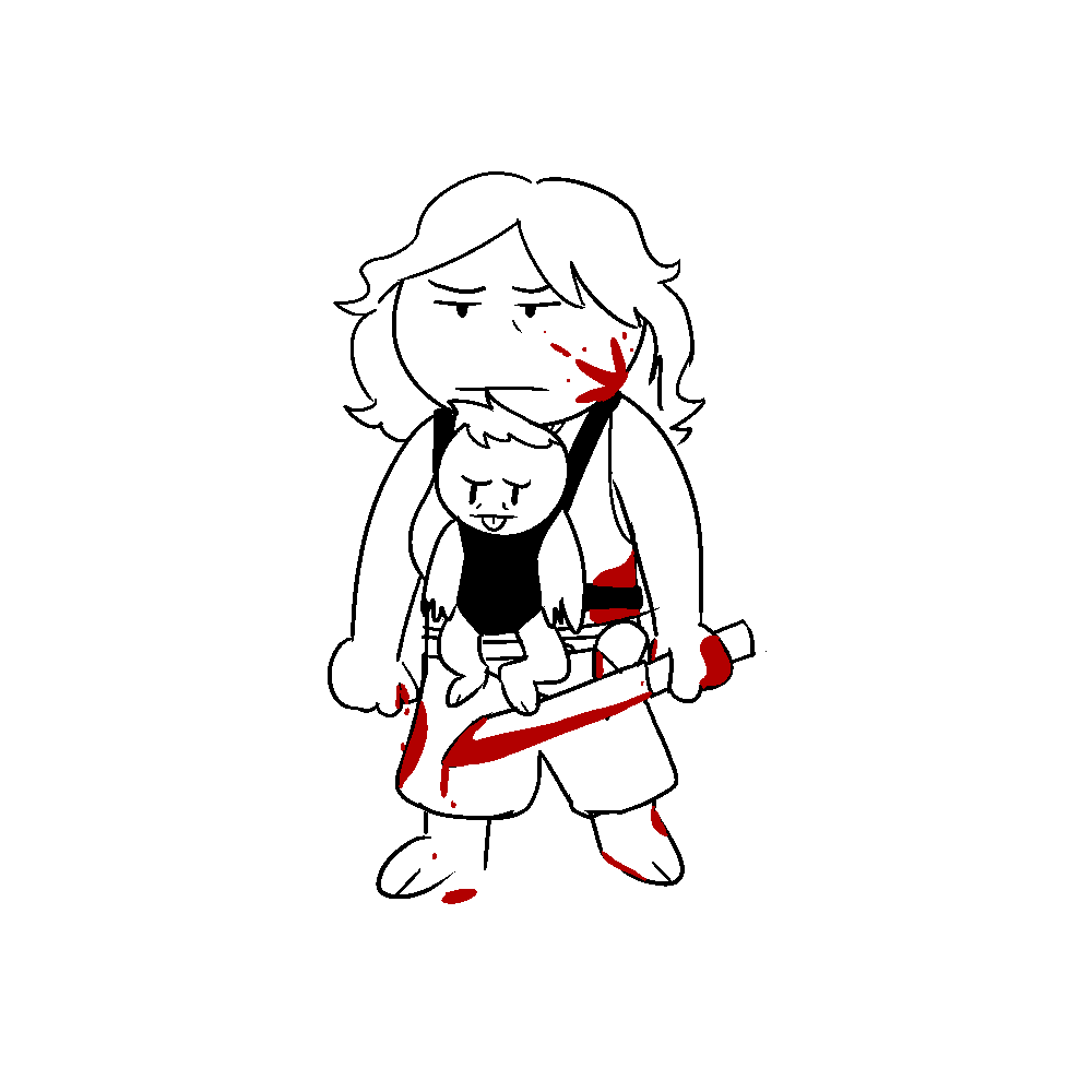 a doodle of mary jabassa holding her machete, covered in blood, with baby furiosa in a baby sling on her chest.