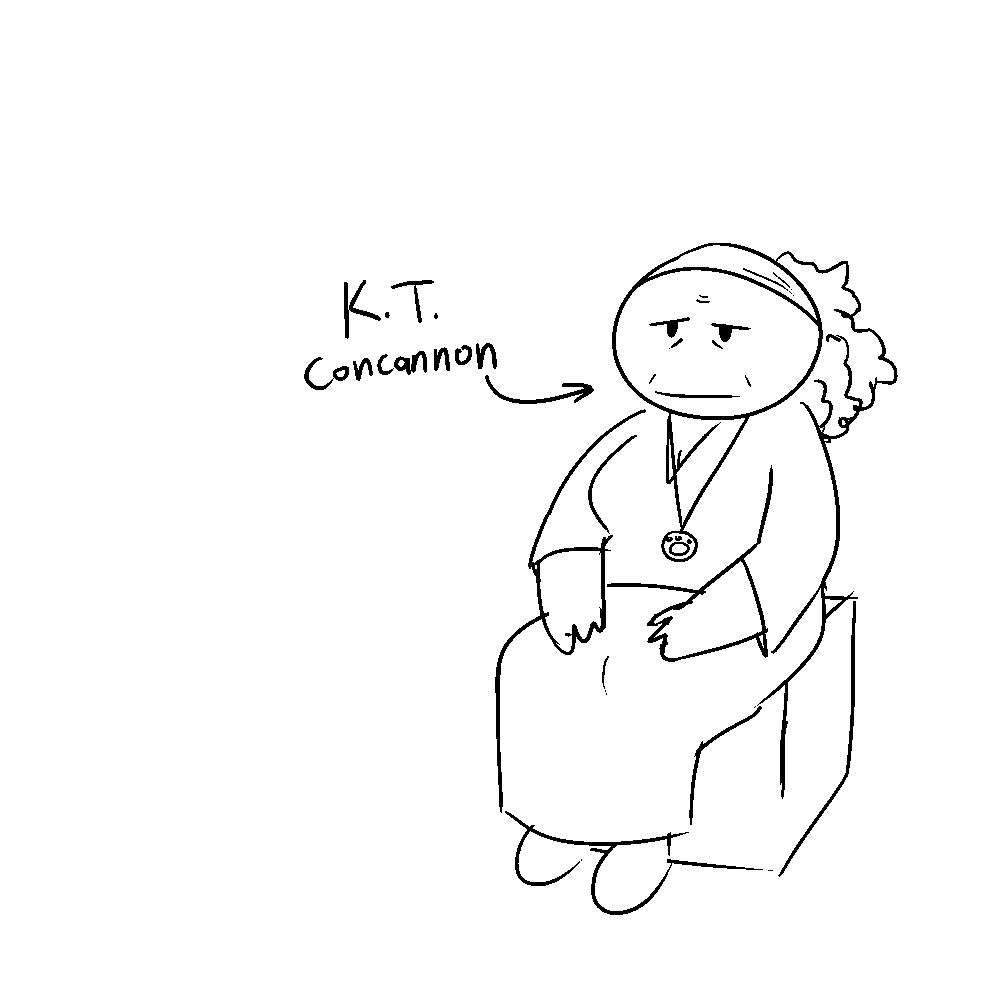 a woman sitting on a box is labeled 'k.t. concannon'. she looks exhausted.